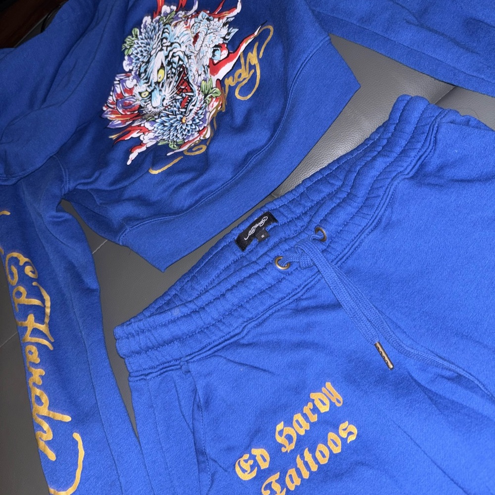 Ed Hardy blue tracksuit fit with gold accents